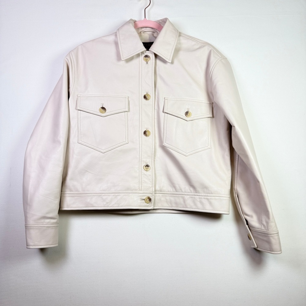 QUINCE Ivory Sheep Leather Cropped Trucker Shacket Jacket Small